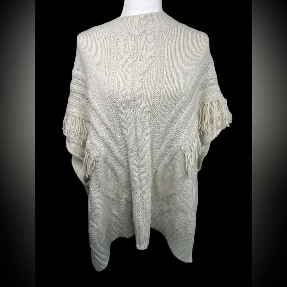 Apt. 9 Honor Roll Knit Cable Fringe Poncho Sweater Ivory Off White
